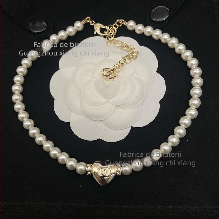 Set colier și brățară cu lanț perlă — alamă, finisaj diamant, model: Iubire / Picături de apă / clopot