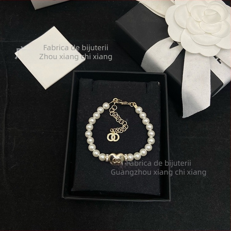 Set colier și brățară cu lanț perlă — alamă, finisaj diamant, model: Iubire / Picături de apă / clopot