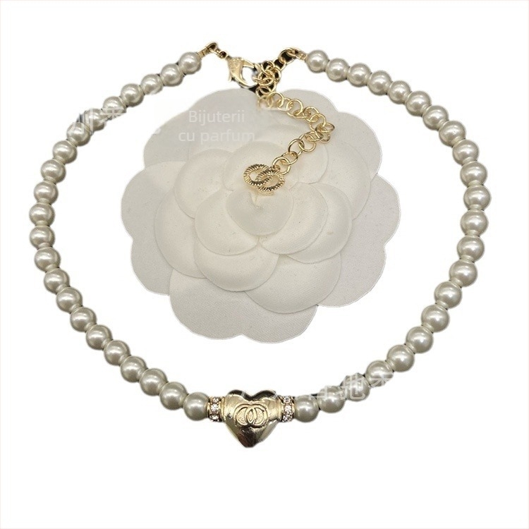 Set colier și brățară cu lanț perlă — alamă, finisaj diamant, model: Iubire / Picături de apă / clopot