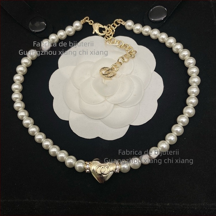 Set colier și brățară cu lanț perlă — alamă, finisaj diamant, model: Iubire / Picături de apă / clopot