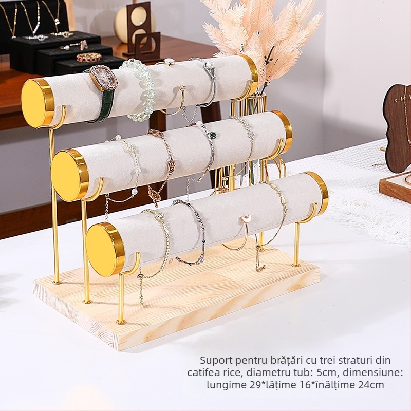 Suport pentru bijuterii din lemn masiv, cu trei etaje, pentru expunere pe birou