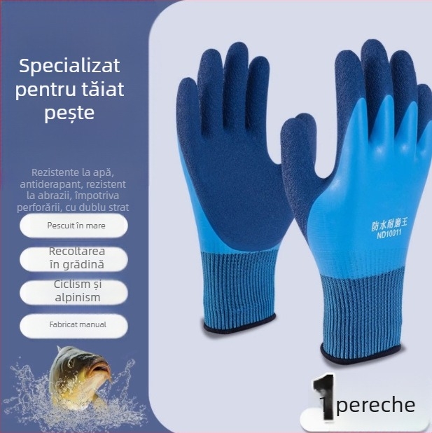 Mănuși pentru manipularea fructelor de mare, cu exterior din cauciuc natural și căptușeală Kevlar; impermeabile, rezistente la temperaturi scăzute și menținerea căldurii