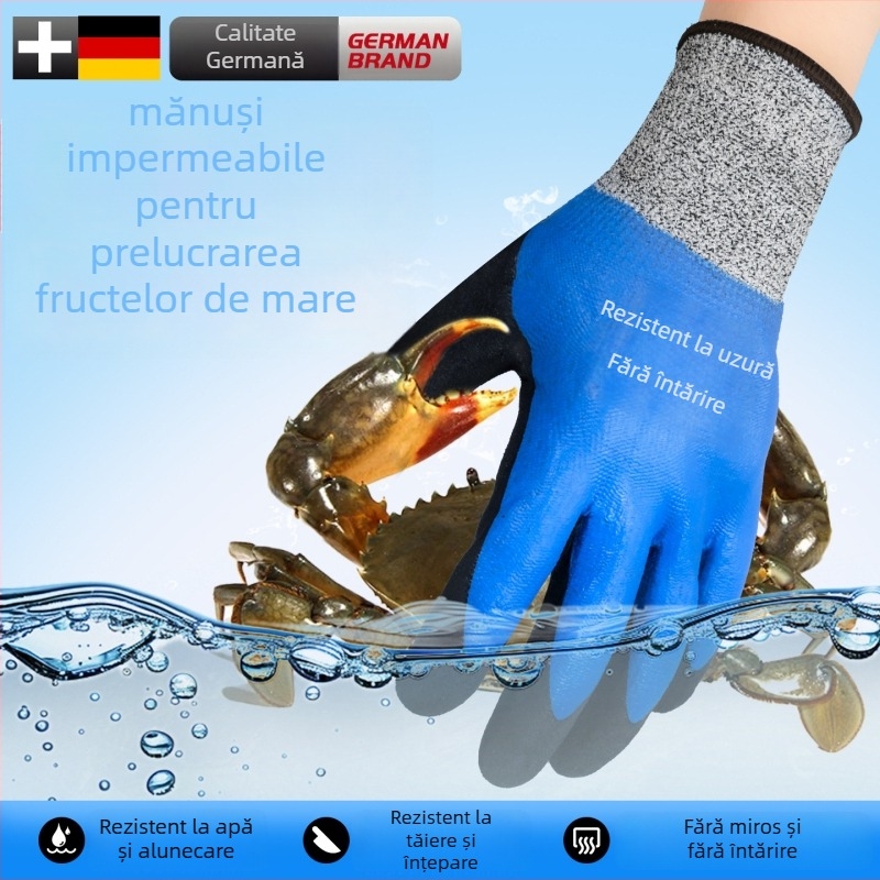 Mănuși pentru manipularea fructelor de mare, cu exterior din cauciuc natural și căptușeală Kevlar; impermeabile, rezistente la temperaturi scăzute și menținerea căldurii