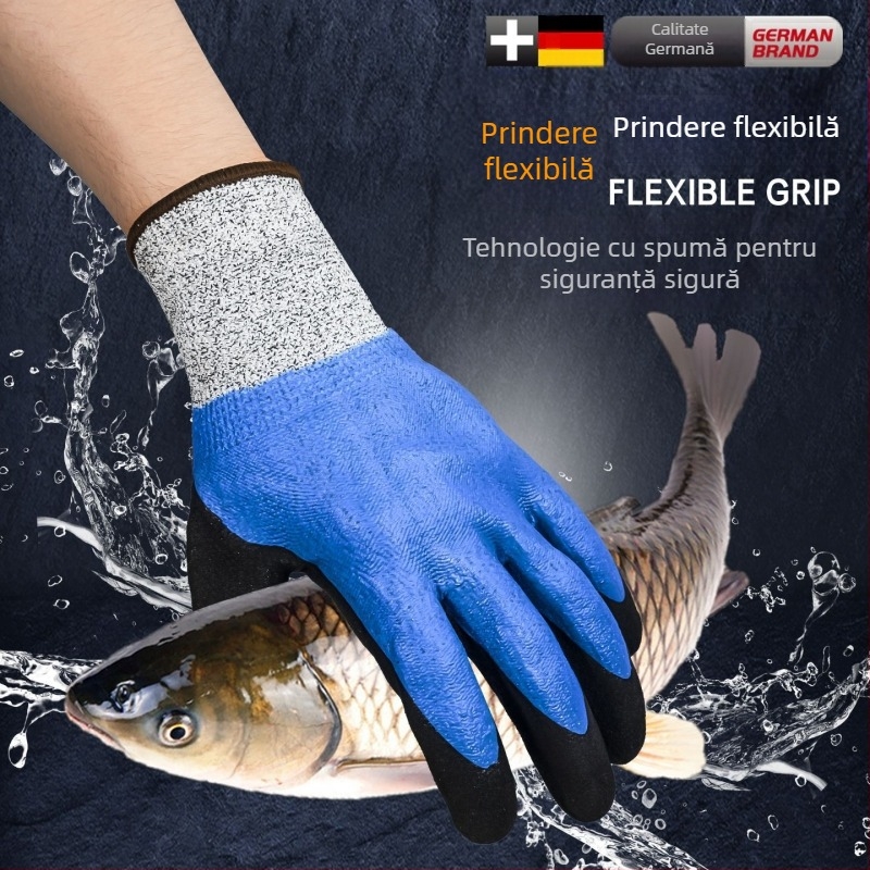 Mănuși pentru manipularea fructelor de mare, cu exterior din cauciuc natural și căptușeală Kevlar; impermeabile, rezistente la temperaturi scăzute și menținerea căldurii