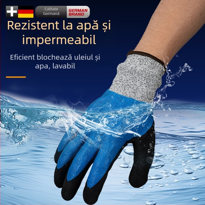 Mănuși pentru manipularea fructelor de mare, cu exterior din cauciuc natural și căptușeală Kevlar; impermeabile, rezistente la temperaturi scăzute și menținerea căldurii