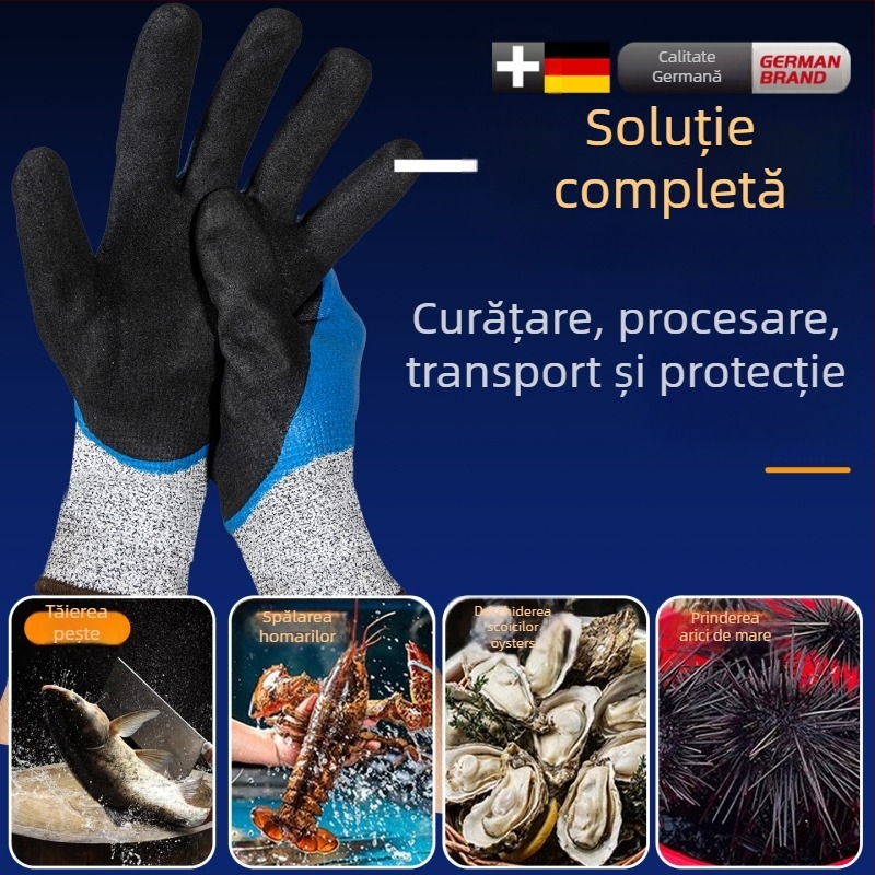 Mănuși pentru manipularea fructelor de mare, cu exterior din cauciuc natural și căptușeală Kevlar; impermeabile, rezistente la temperaturi scăzute și menținerea căldurii