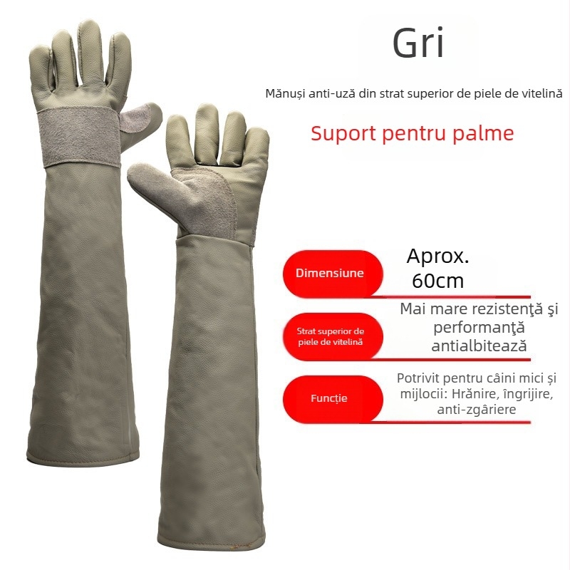 Mănuși din piele de vită, strat superior, extinse, pentru manipularea câinilor – protecție anti-mușcătură și anti-zgârieturi, protecție la muncă