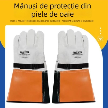 Mănuși de protecție din piele de oaie pentru lucrări sub tensiune – protecție la perforare și tăiere, rezistente la uzură și izolație (Material: piele de oaie; Funcție: izolație electrică; Domeniu de utilizare: construcții electrice; Greutate: 200)