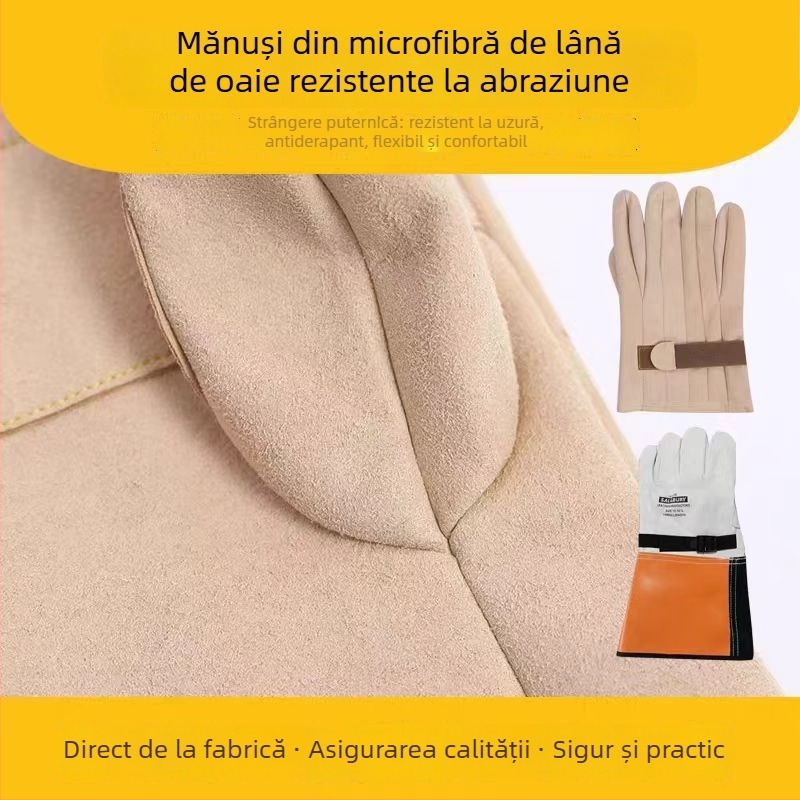 Mănuși de protecție din piele de oaie pentru lucrări sub tensiune – protecție la perforare și tăiere, rezistente la uzură și izolație (Material: piele de oaie; Funcție: izolație electrică; Domeniu de utilizare: construcții electrice; Greutate: 200)