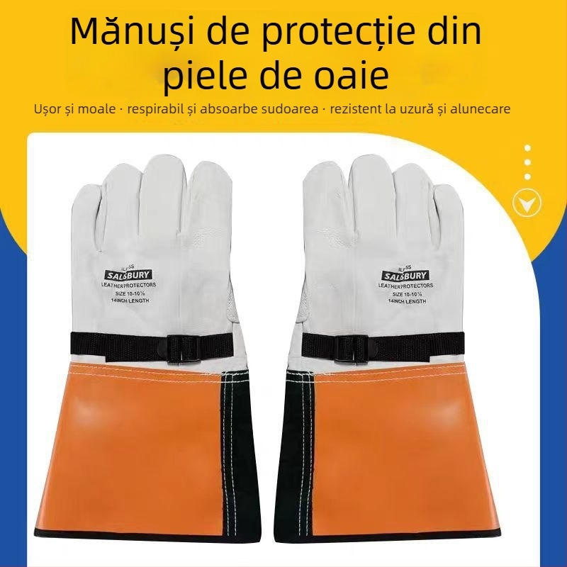 Mănuși de protecție din piele de oaie pentru lucrări sub tensiune – protecție la perforare și tăiere, rezistente la uzură și izolație (Material: piele de oaie; Funcție: izolație electrică; Domeniu de utilizare: construcții electrice; Greutate: 200)