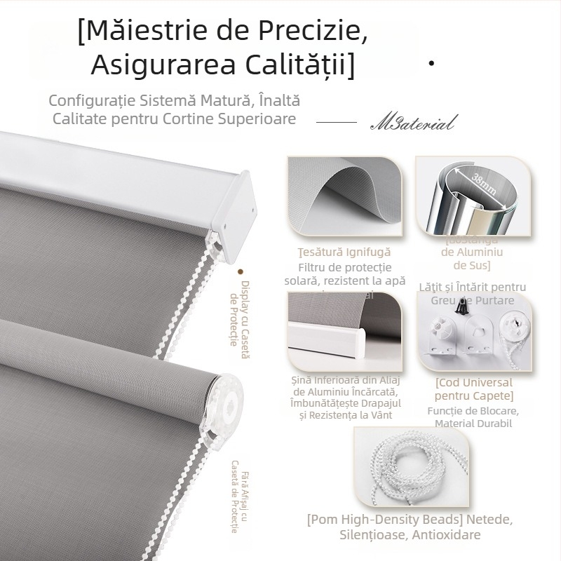 Jaluzele rulante cu țesătură ignifugă B1 — poliester + PVC, personalizabile, pentru birouri și spații comerciale, opțiuni de umbrire: 0%, 1%, 3%, 5%, complet/transparent/semi-transparent