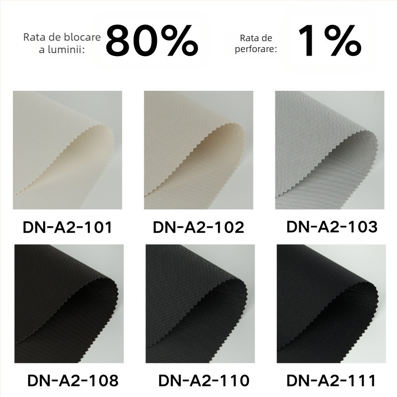 Jaluzele rulante cu țesătură ignifugă B1 — poliester + PVC, personalizabile, pentru birouri și spații comerciale, opțiuni de umbrire: 0%, 1%, 3%, 5%, complet/transparent/semi-transparent