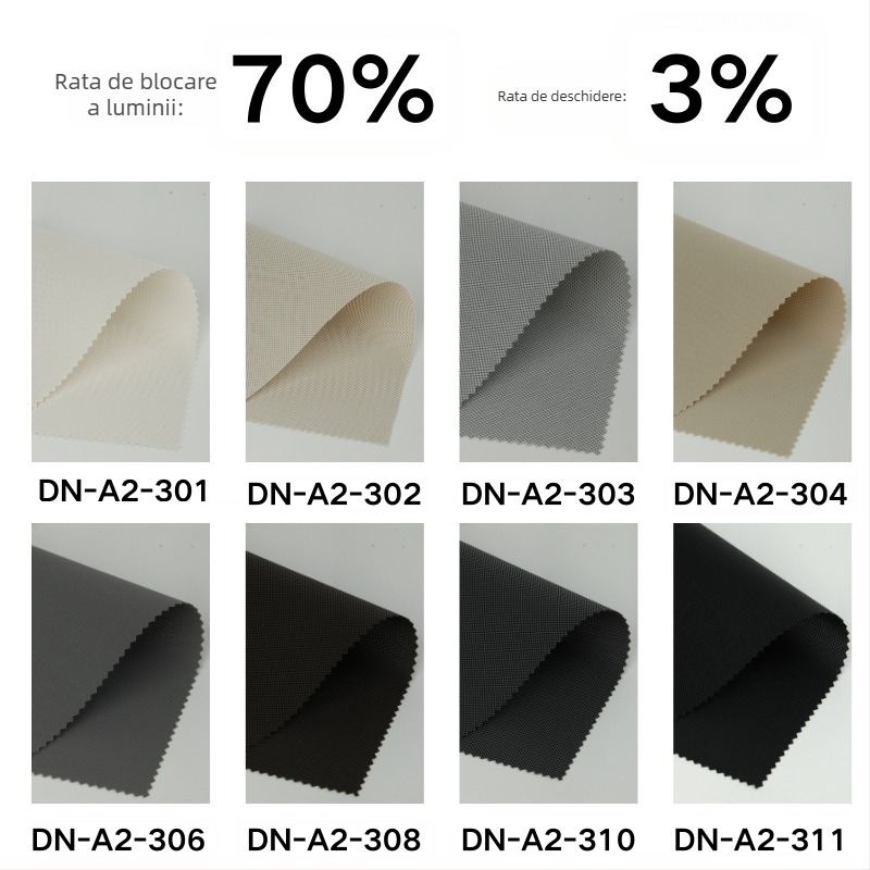 Jaluzele rulante cu țesătură ignifugă B1 — poliester + PVC, personalizabile, pentru birouri și spații comerciale, opțiuni de umbrire: 0%, 1%, 3%, 5%, complet/transparent/semi-transparent