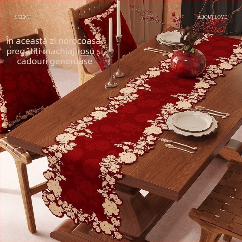 Runner de Masă în stil Chinezesc, cu motiv Fericire dublă, material PU, bandă lungă, impermeabil și rezistent la ulei, design festiv