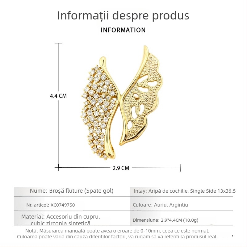 Broșă cu formă de fluture, aliaj de cupru cu placare cu aur adevărat, zircon micro-incrustat, brand Pattaya