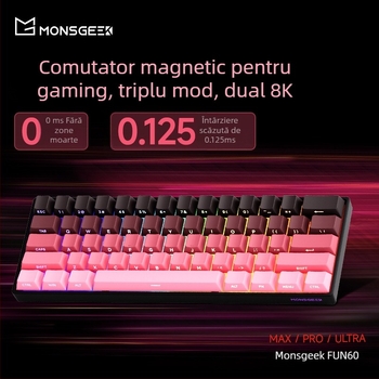 Tastatură mecanică cu 61 taste, ax magnetic, carcasă din aluminiu, iluminare RGB, conectivitate prin cablu și Bluetooth cu latență redusă