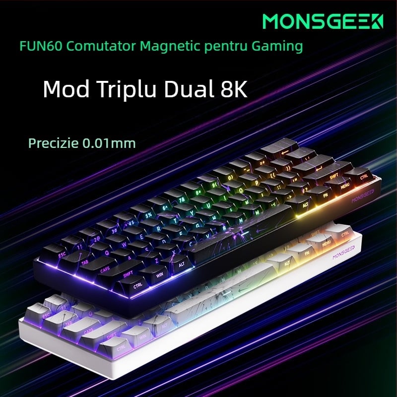 Tastatură mecanică cu 61 taste, ax magnetic, carcasă din aluminiu, iluminare RGB, conectivitate prin cablu și Bluetooth cu latență redusă