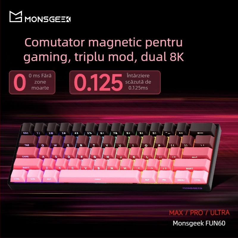 Tastatură mecanică cu 61 taste, ax magnetic, carcasă din aluminiu, iluminare RGB, conectivitate prin cablu și Bluetooth cu latență redusă