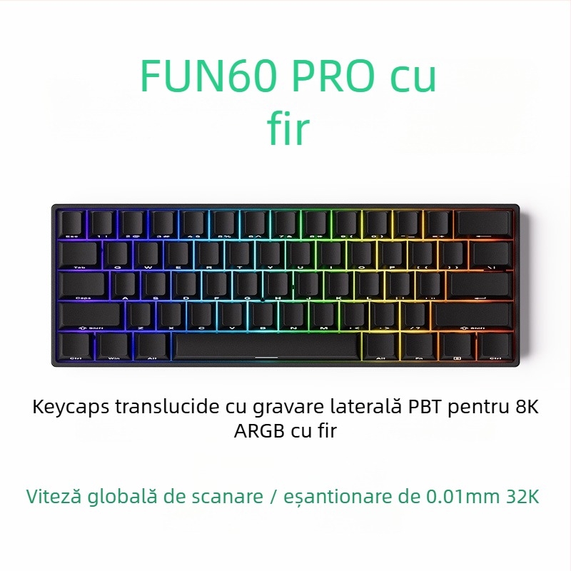 Tastatură mecanică cu 61 taste, ax magnetic, carcasă din aluminiu, iluminare RGB, conectivitate prin cablu și Bluetooth cu latență redusă