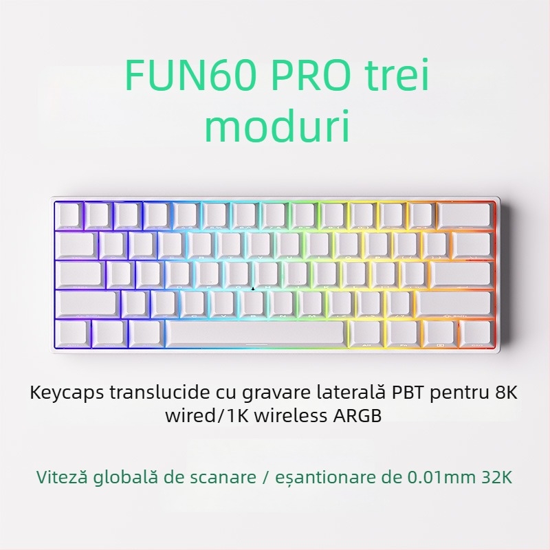 Tastatură mecanică cu 61 taste, ax magnetic, carcasă din aluminiu, iluminare RGB, conectivitate prin cablu și Bluetooth cu latență redusă
