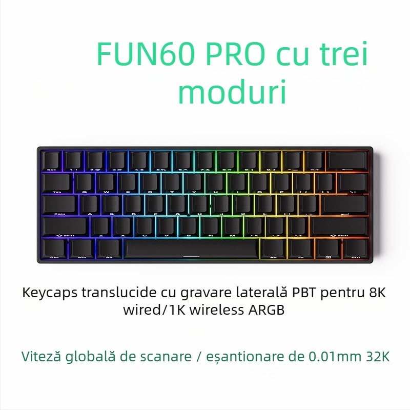 Tastatură mecanică cu 61 taste, ax magnetic, carcasă din aluminiu, iluminare RGB, conectivitate prin cablu și Bluetooth cu latență redusă