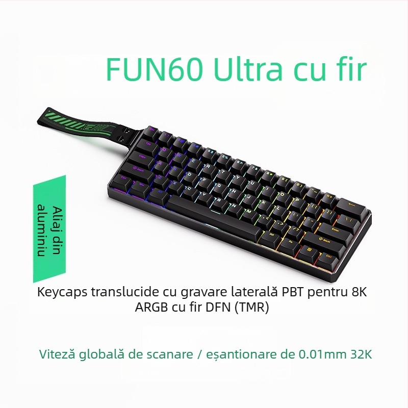 Tastatură mecanică cu 61 taste, ax magnetic, carcasă din aluminiu, iluminare RGB, conectivitate prin cablu și Bluetooth cu latență redusă