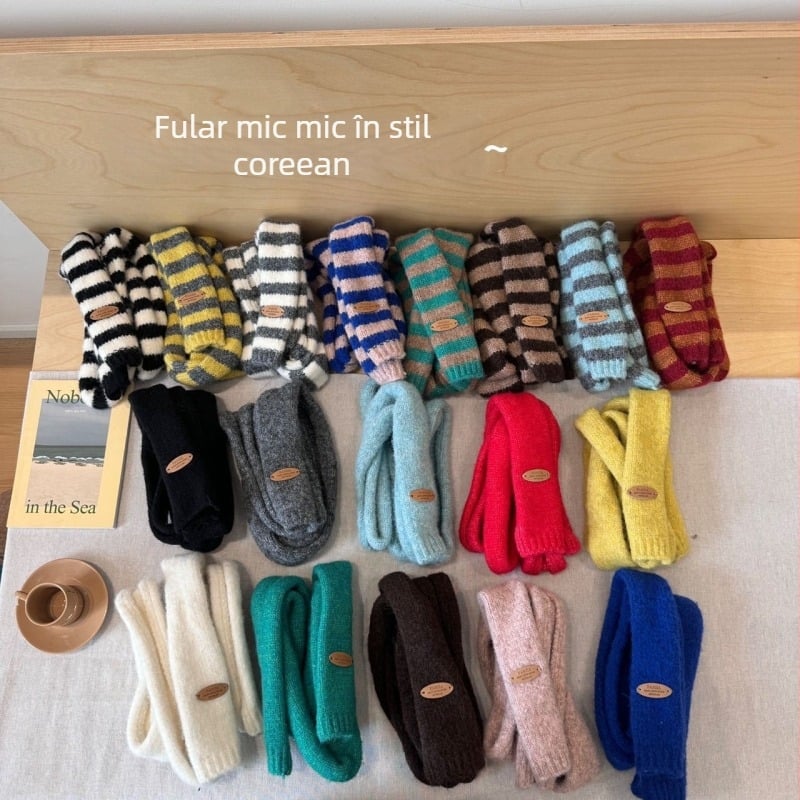 Eșarfă tricotată din lână, dungată, țesătură plată, încălzește, iarnă, stil proaspăt și drăguț