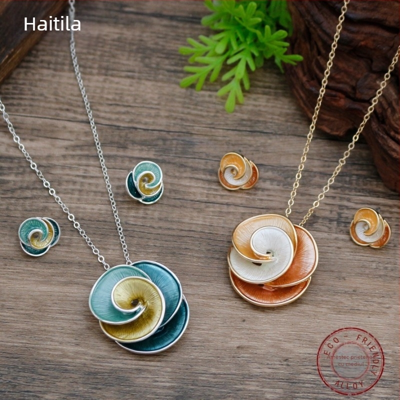 Design original: set cercei și colier cu trandafir neregulat — aliaj, finisaj cu vopsea pe bază de ulei, lanț obișnuit