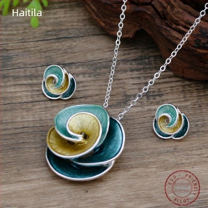 Design original: set cercei și colier cu trandafir neregulat — aliaj, finisaj cu vopsea pe bază de ulei, lanț obișnuit