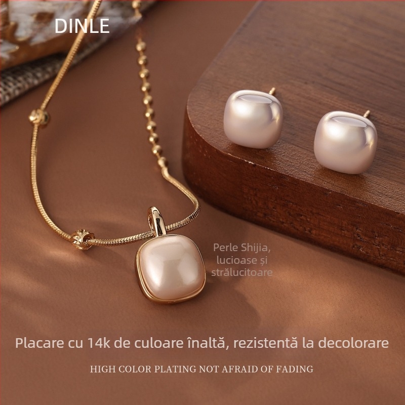 Colier cu perlă artificială, formă geometrică, lanț răsucit, pandantiv din cupru, finisaj electroplatat