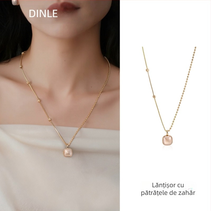 Colier cu perlă artificială, formă geometrică, lanț răsucit, pandantiv din cupru, finisaj electroplatat