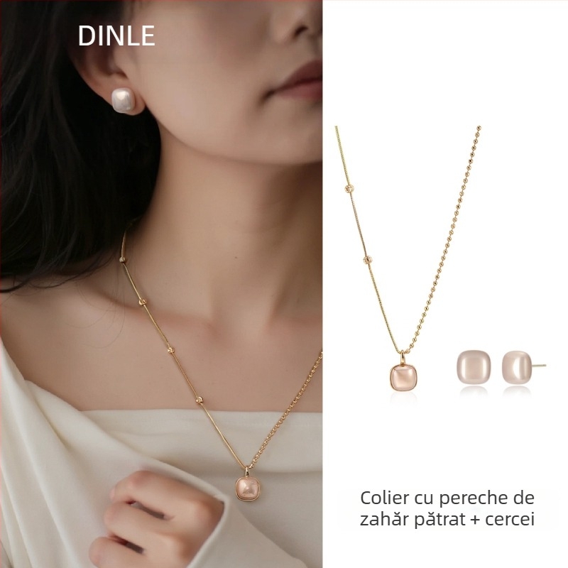 Colier cu perlă artificială, formă geometrică, lanț răsucit, pandantiv din cupru, finisaj electroplatat