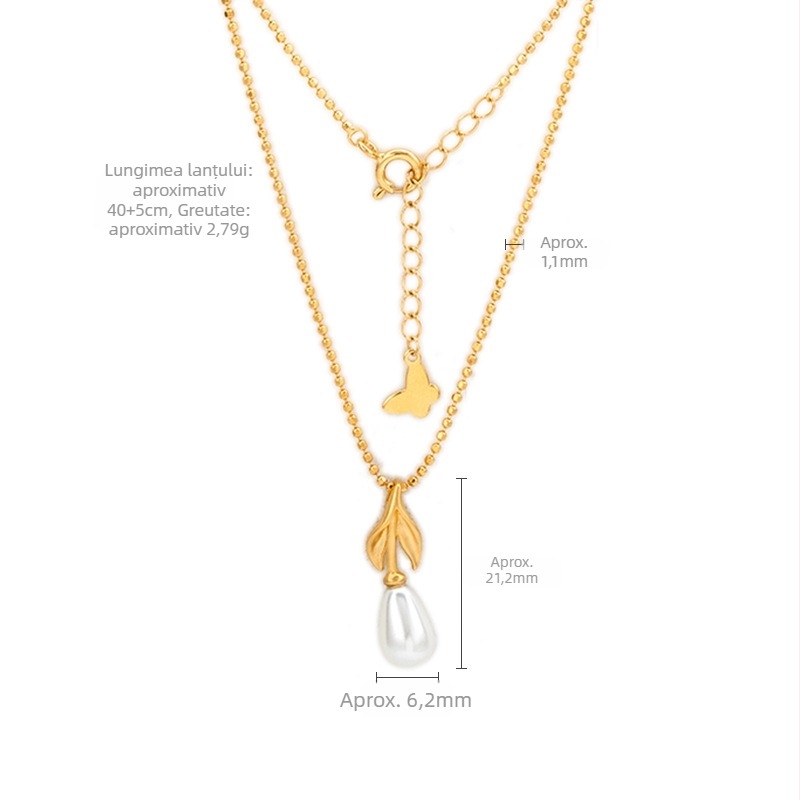 Set colier și cercei din argint 925, cu perle inserate, forme frunză și picătură, lanț cu mărgele, brand Oini, stil Ins