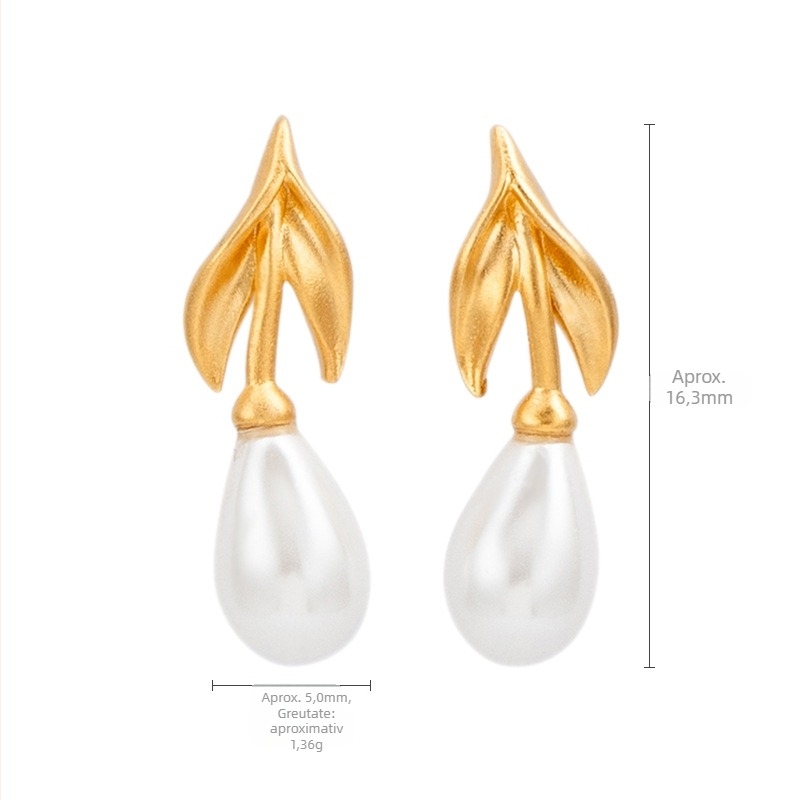 Set colier și cercei din argint 925, cu perle inserate, forme frunză și picătură, lanț cu mărgele, brand Oini, stil Ins