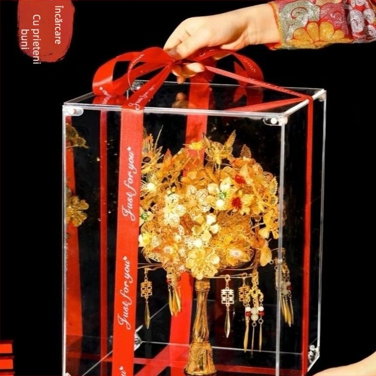 Cutie cadou din acrilic pentru buchetul de nuntă al miresei și geanta de nuntă — Stil etnic, Tehnologie de țesut, Cristal cuarț roz, Origine Zhejiang