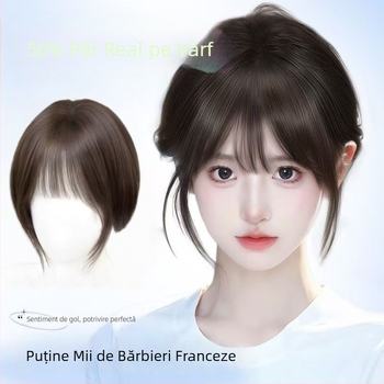 Piesă de păr cu breton în stil franțuzesc, breton subțire invizibil, păr amestecat real, semi-învăluit manual, adaugă volum la creștet