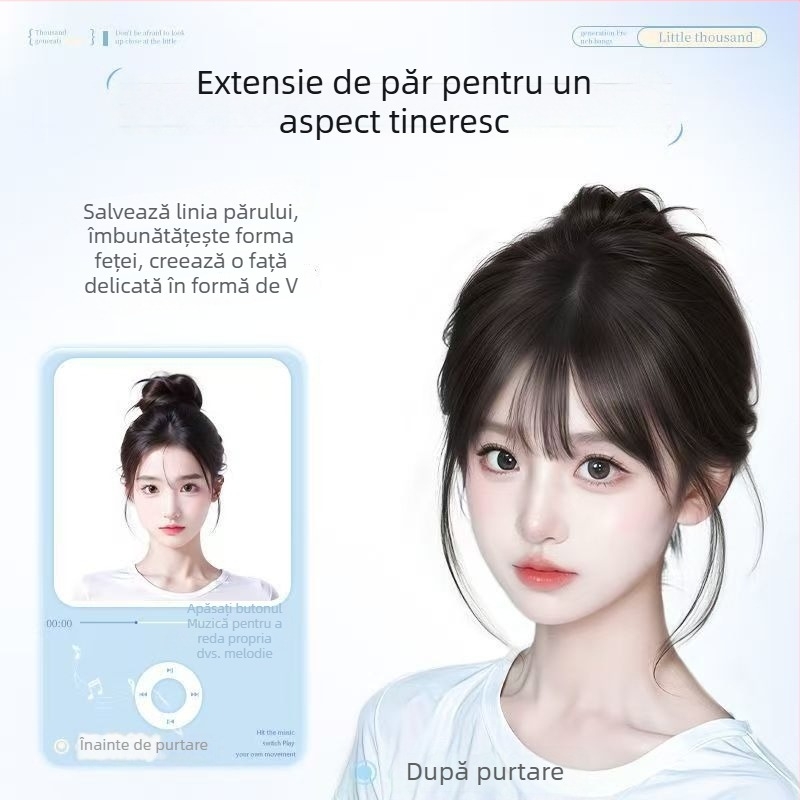 Piesă de păr cu breton în stil franțuzesc, breton subțire invizibil, păr amestecat real, semi-învăluit manual, adaugă volum la creștet