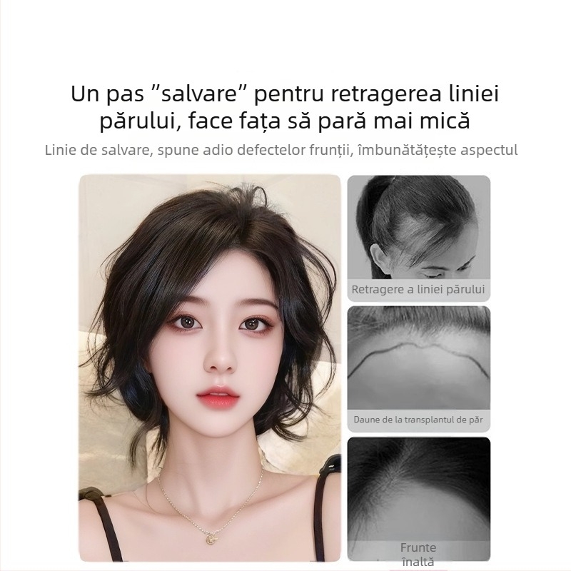 Piesă de păr pentru frunte și creștet pentru femei, lucrată manual, păr 100% uman, poate fi vopsită și poate fi supusă perm, breton drept sau înclinat, efect de modelare a feței