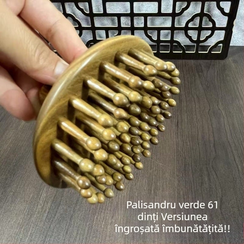 Pieptene din lemn de santal cu dinți îngroșați pentru îngrijirea părului și masajul scalpului — set cadou
