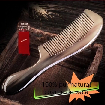 Pieptene din corn natural, design îngroșat, pentru păr lung la femei; uz casnic; masaj la nivelul scalpului și terapie cu meridiane pentru bărbați