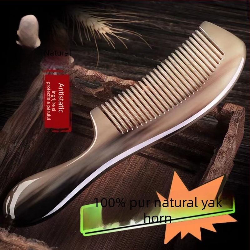 Pieptene din corn natural, design îngroșat, pentru păr lung la femei; uz casnic; masaj la nivelul scalpului și terapie cu meridiane pentru bărbați