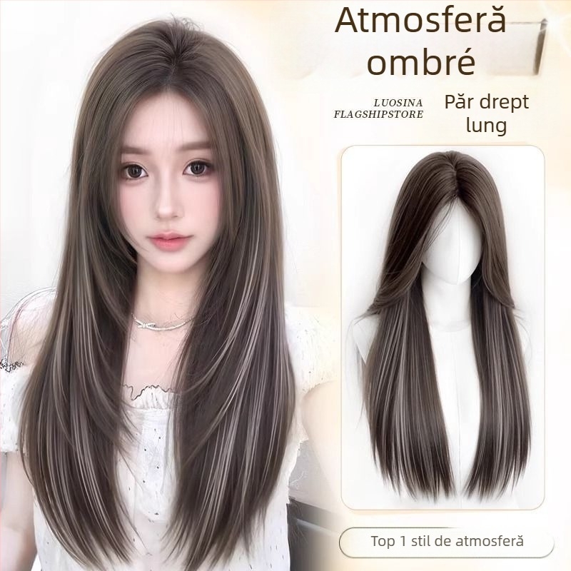 Perucă pentru femei, perucă completă fără bandă, augmentare în zona creștetului, păr lung drept, volum, evidențieri fără cusături