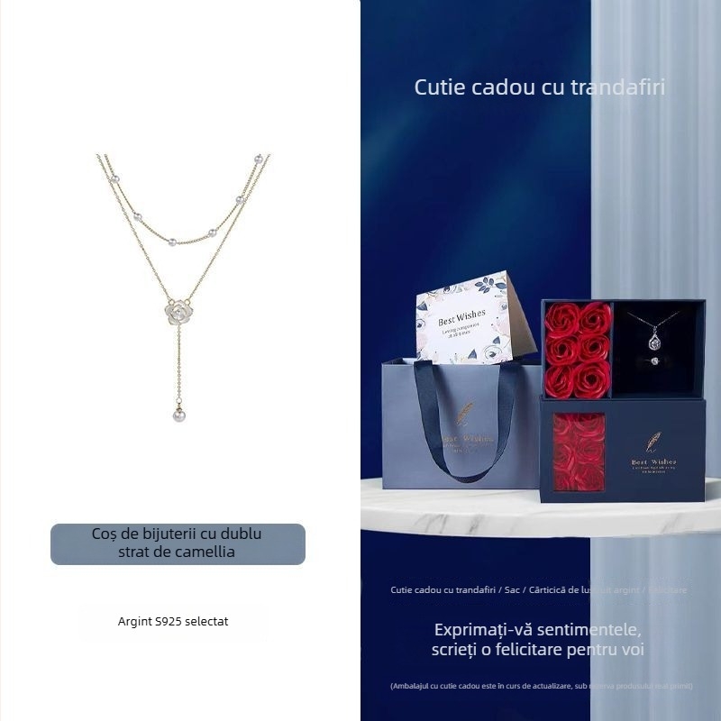 Colier din argint 925, cu camelia, perle în dublu strat, lanț clavicular, stil elegant