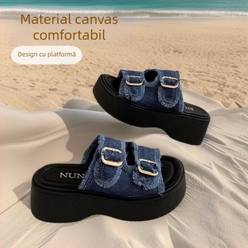 Șlapi denim cu platformă, curea simplă – vârf rotund, talpă din cauciuc, brand Jianbu, lansare în primăvara 2025