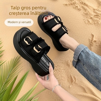 Șlapi denim cu platformă, curea simplă – vârf rotund, talpă din cauciuc, brand Jianbu, lansare în primăvara 2025