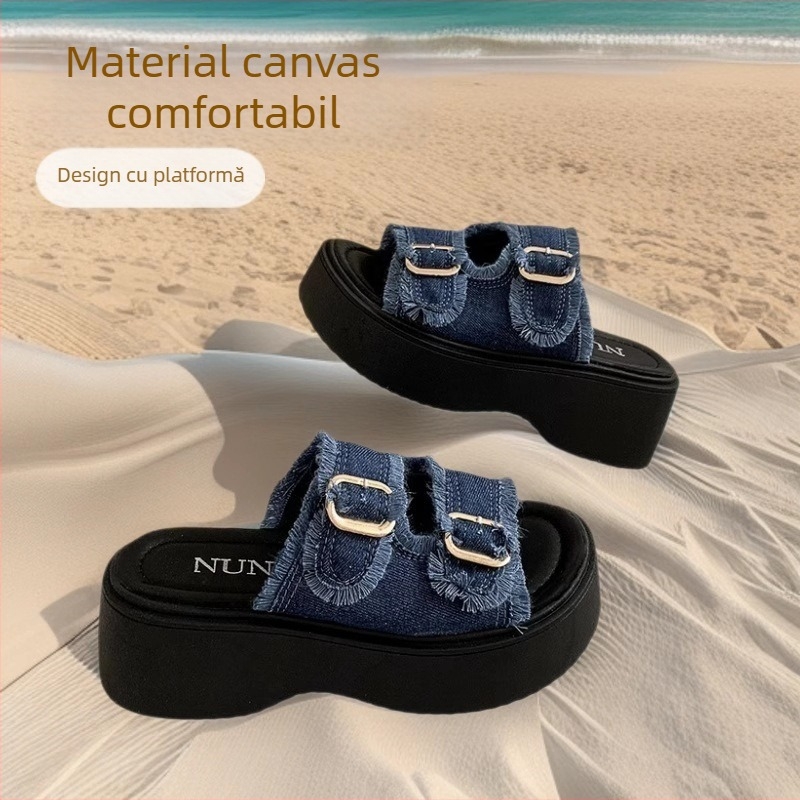 Șlapi denim cu platformă, curea simplă – vârf rotund, talpă din cauciuc, brand Jianbu, lansare în primăvara 2025
