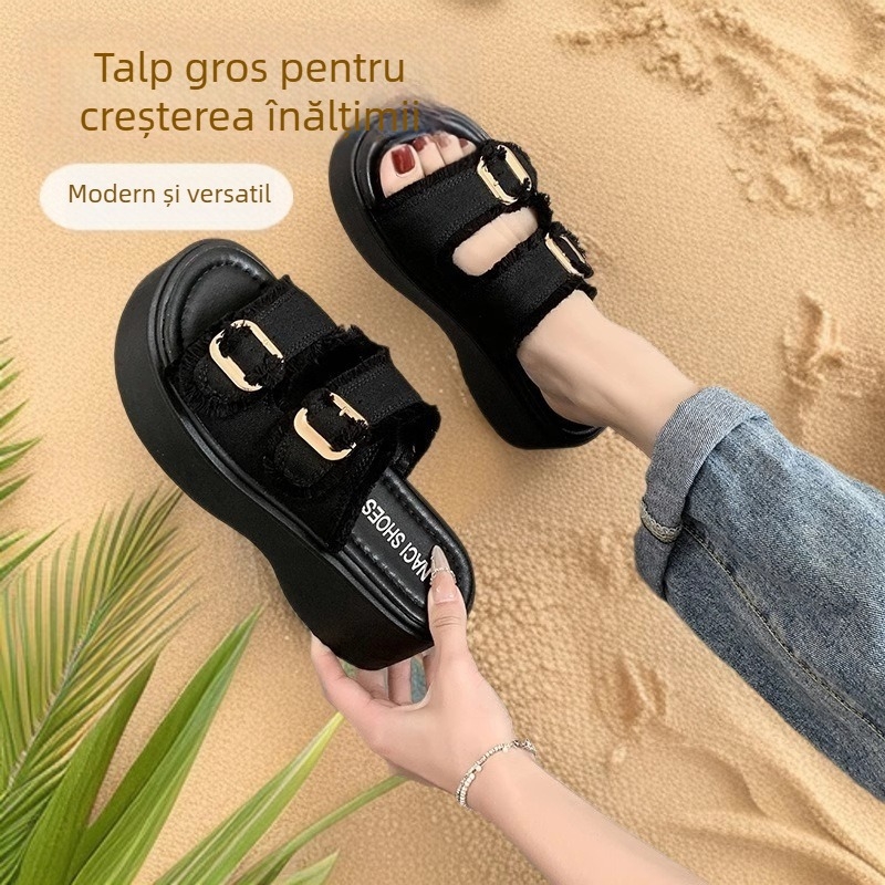 Șlapi denim cu platformă, curea simplă – vârf rotund, talpă din cauciuc, brand Jianbu, lansare în primăvara 2025