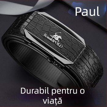 Centură de bărbați din piele cu model de crocodil – piele naturală, două straturi de piele de vită, cataramă automată, profil subțire