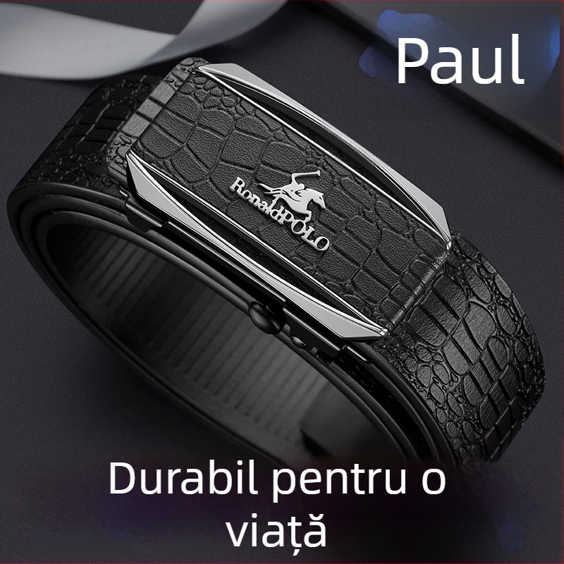 Centură de bărbați din piele cu model de crocodil – piele naturală, două straturi de piele de vită, cataramă automată, profil subțire