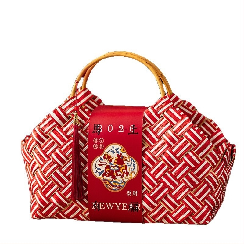 Coș cadou din bambus, țesut manual, stil chinezesc pentru cadouri de Anul Nou; material bambus; meșteșug: împletire din bambus; brand Hassan packaging